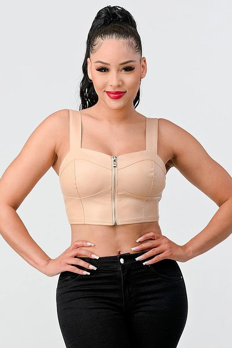 Lux Faux Leather Pu Zipup Strap Sleeveless Cropped Top - Tigbul's Fashion