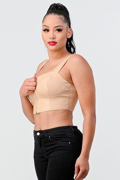Lux Faux Leather Pu Zipup Strap Sleeveless Cropped Top - Tigbul's Fashion