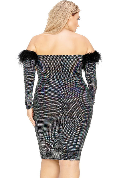 Plus Off Shoulder Feather Trim Detail Sequin Dress - Tigbuls Variety Fashion