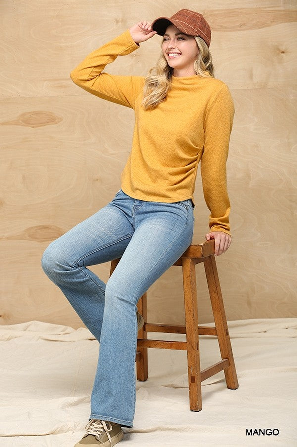 Solid And Cozy Soft Knit Mock Neck Top With Side Ruched Detail - Tigbul's Fashion