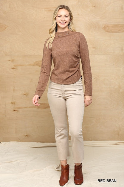 Solid And Cozy Soft Knit Mock Neck Top With Side Ruched Detail - Tigbul's Fashion