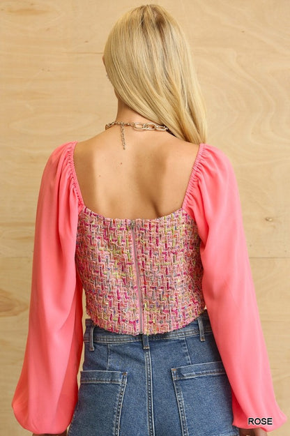 Tweed Bodice And Chiffon Square Top With Back Zipper - Tigbuls Variety Fashion