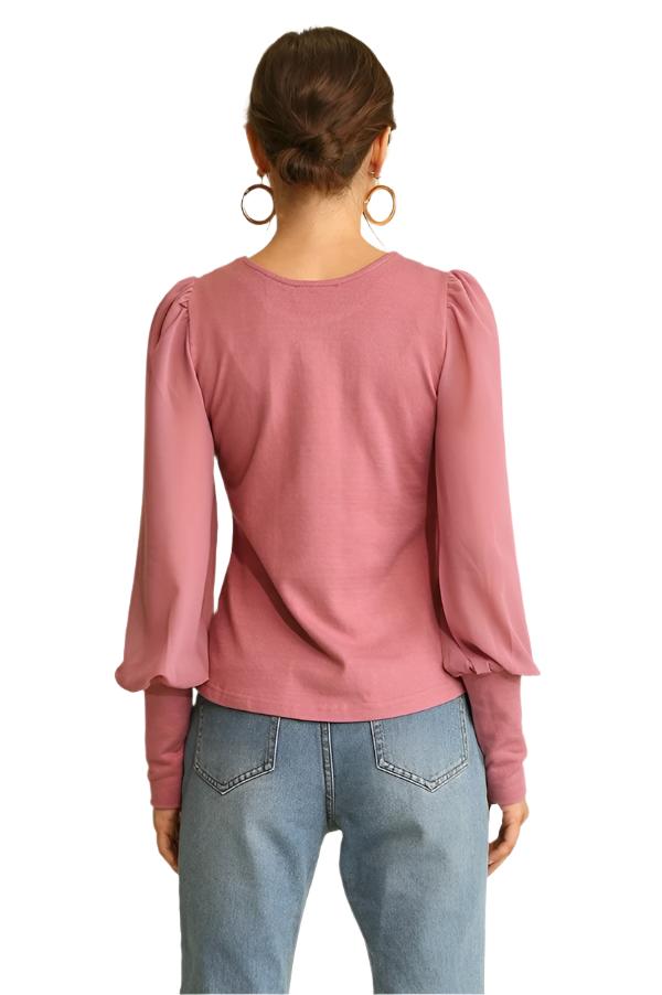 Solid Knit and Chiffon Mixed Top with Puff Long Sleeves - Tigbuls Variety Fashion