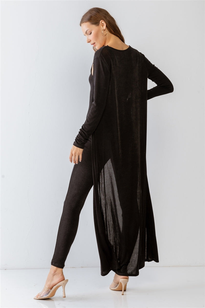 Black Sleeveless Slim Fit Jumpsuit & Open Front Long Sleeve Cardigan Set - Tigbuls Variety Fashion