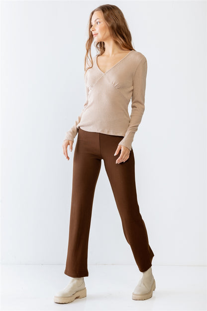 Beige Ribbed V-neck Long Sleeve Soft Fabric Top - Tigbuls Variety Fashion