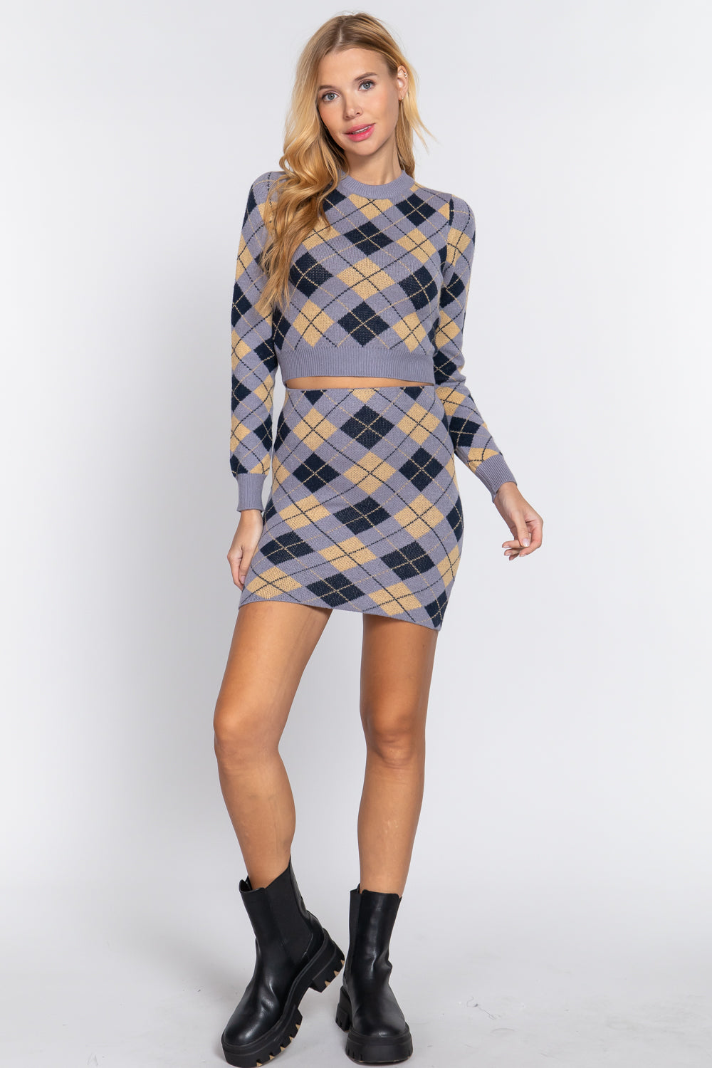 Argyle Jacquard Crop Sweater - Tigbuls Variety Fashion