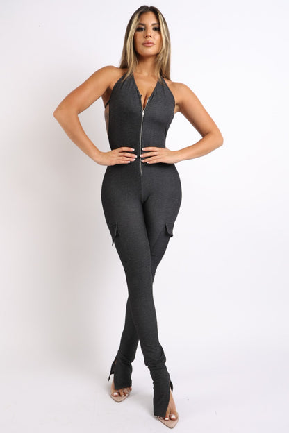 Cargo pocket halter jumpsuit - Tigbul's Fashion