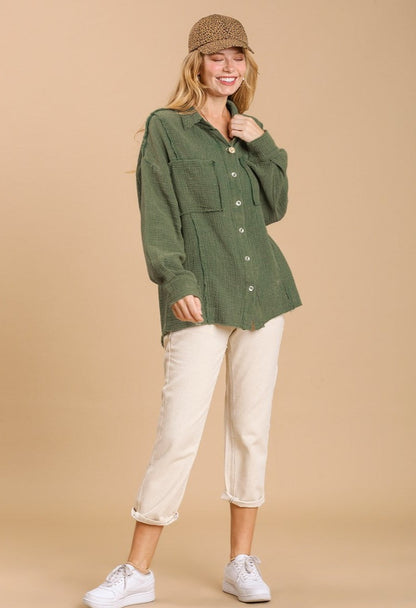 Mineral wash button down top with high low hem - Tigbul's Fashion