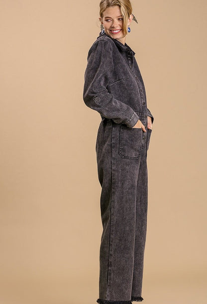 Mid button down stone wash wide leg distressed jumpsuit & side pockets with no lining - Tigbul's Fashion