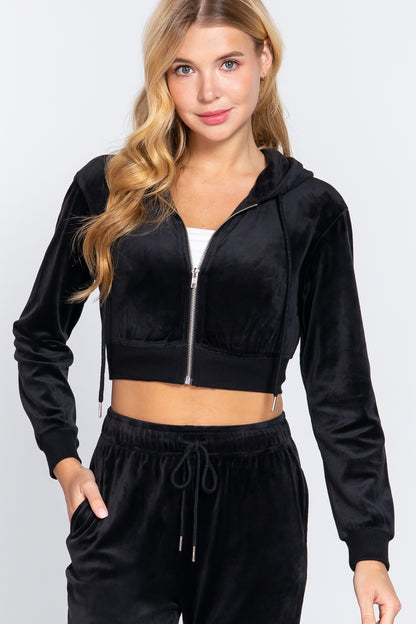 Black Long Sleeve Velour Hoodie Crop Jacket - Tigbul's Fashion