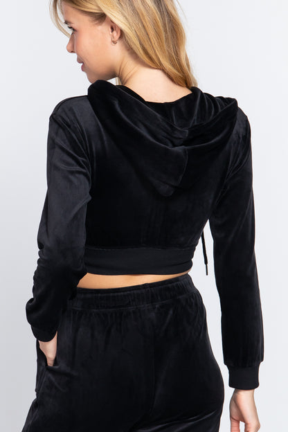 Black Long Sleeve Velour Hoodie Crop Jacket - Tigbul's Fashion