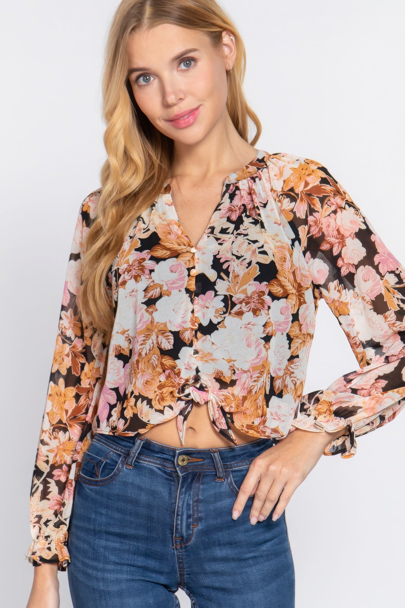 Front Tie Detail Print Woven Blouse - Tigbuls Variety Fashion