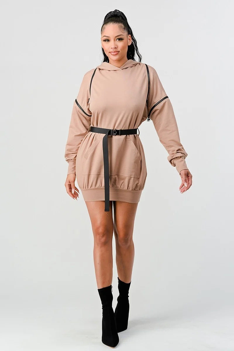 Double Zipper Long Sleeve Hooded Mini Dress - Tigbul's Fashion