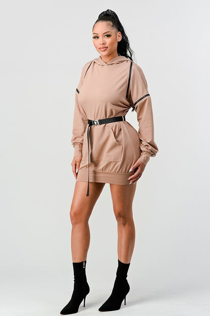 Double Zipper Long Sleeve Hooded Mini Dress - Tigbul's Fashion