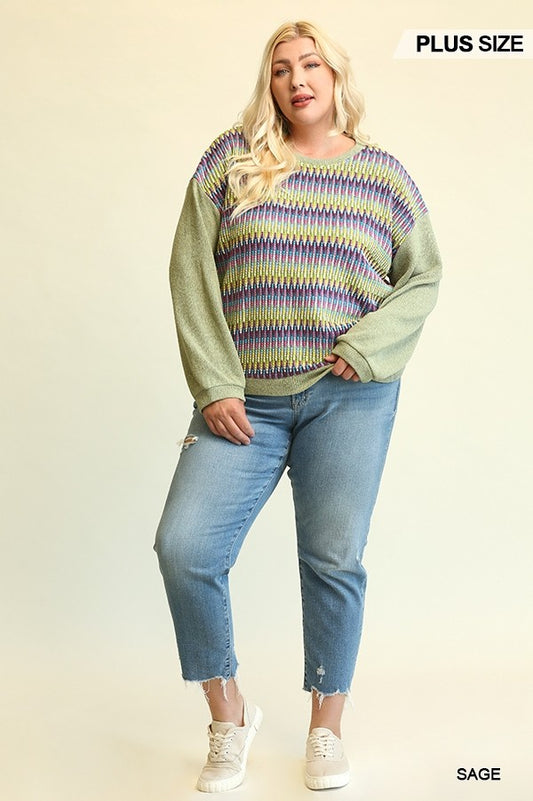 Novelty Knit And Solid Knit Mixed Loose Top With Drop Down Shoulder - Tigbul's Fashion