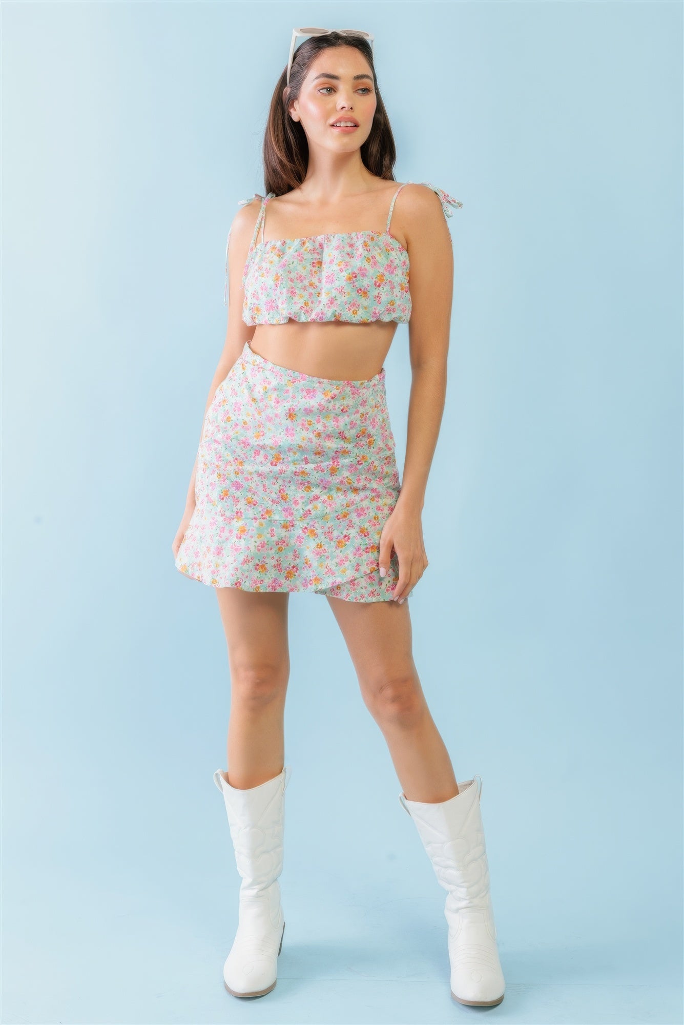 Mint Fuchsia Print Cotton Sleeveless Strappy Crop Top & High Waist Wrap Hem Mini Skirt Set - Tigbuls Variety Fashion