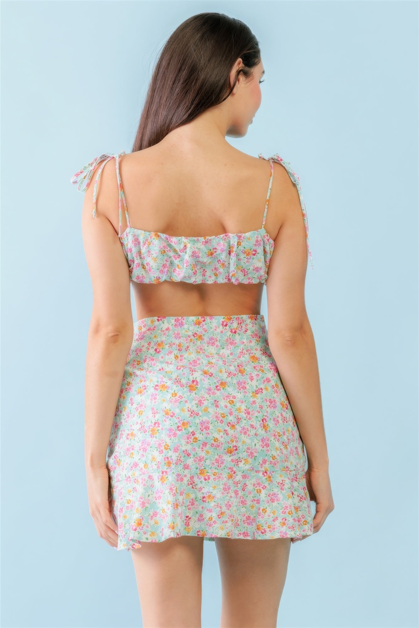 Mint Fuchsia Print Cotton Sleeveless Strappy Crop Top & High Waist Wrap Hem Mini Skirt Set - Tigbuls Variety Fashion