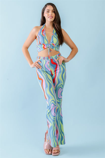 Multicolor Abstract Print Halter V-neck Ruched Open Back Crop Top & High Waist Pants Set - Tigbul's Fashion