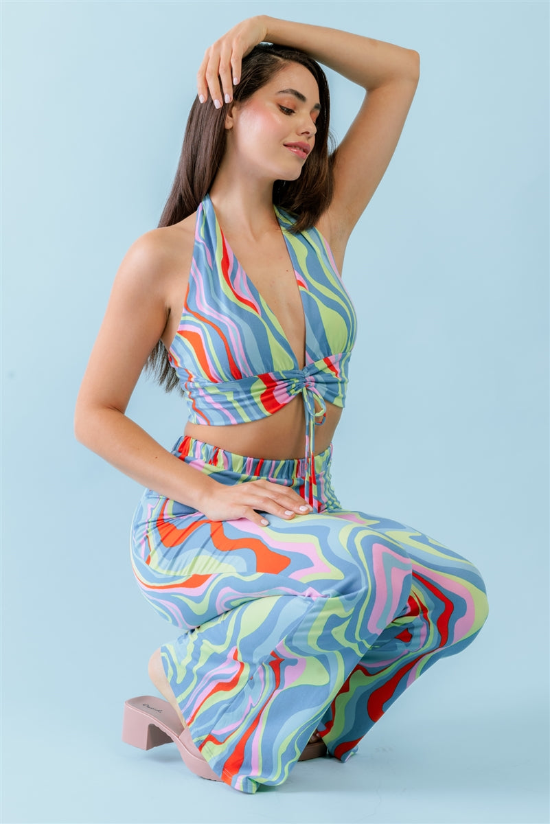 Multicolor Abstract Print Halter V-neck Ruched Open Back Crop Top & High Waist Pants Set - Tigbul's Fashion