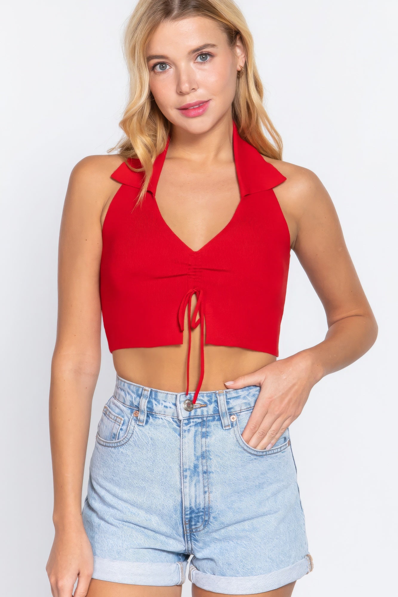 Halter Ruched Crop Sweater Knit Top - Tigbuls Variety Fashion