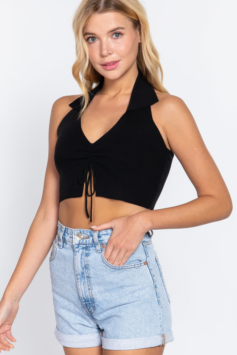 Halter Ruched Crop Sweater Knit Top - Tigbul's Fashion