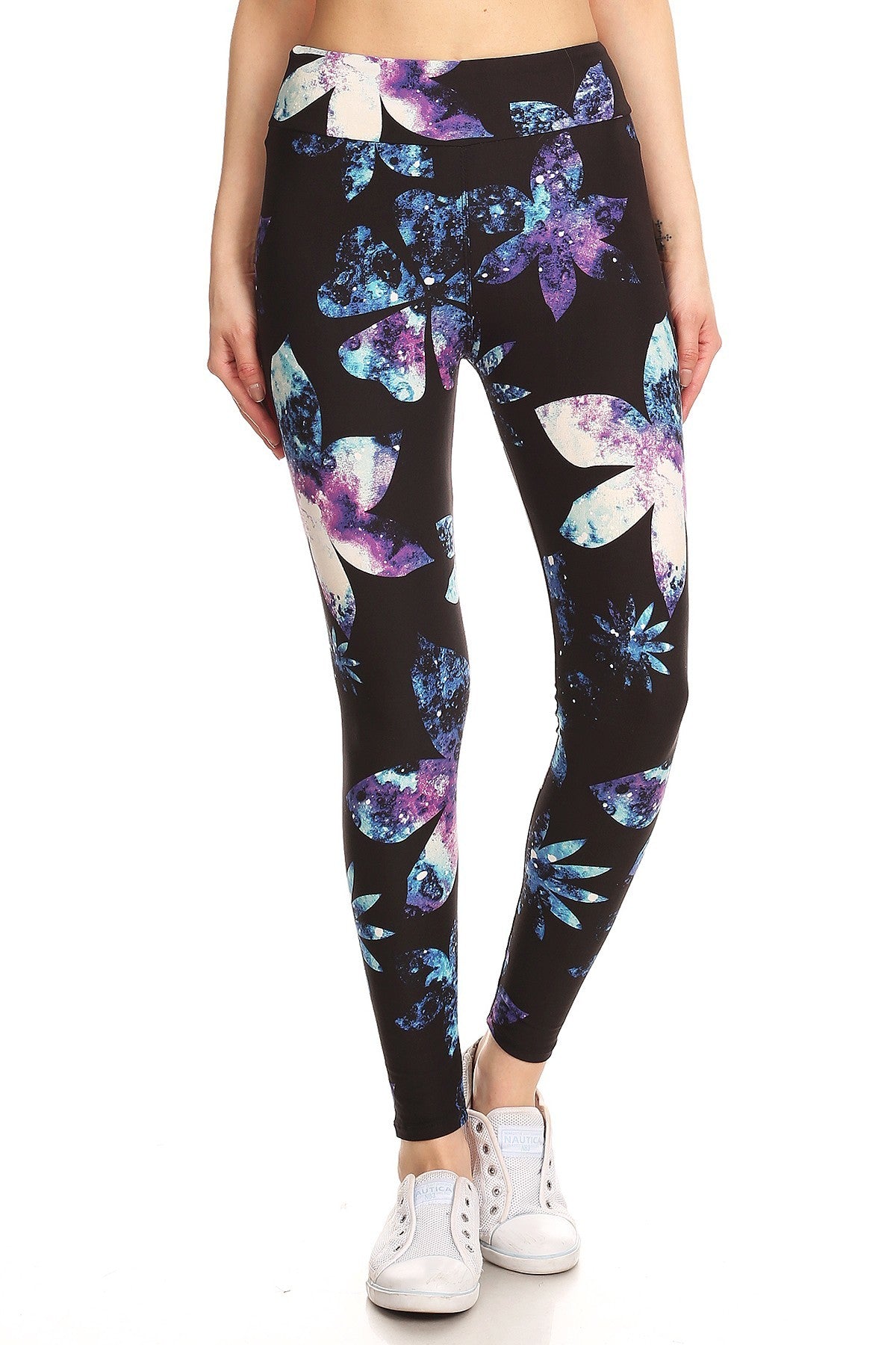 Yoga Style Banded Lined Galaxy Silhouette Floral Print, Full Length Leggings In A Slim Fitting Style With A Banded High Waist - Tigbul's Fashion