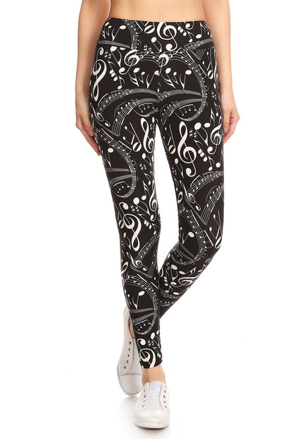 Yoga Style Banded Lined Music Note Print, Full Length Leggings In A Slim Fitting Style With A Banded High Waist - Tigbul's Fashion