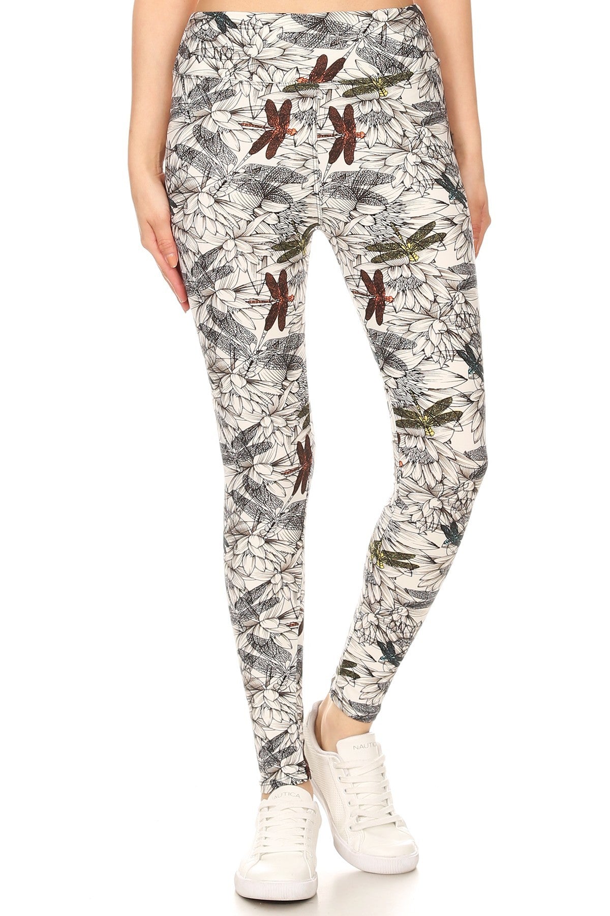 Yoga Style Banded Lined Dragonfly Print, Full Length Leggings In A Slim Fitting Style With A Banded High Waist - Tigbul's Fashion
