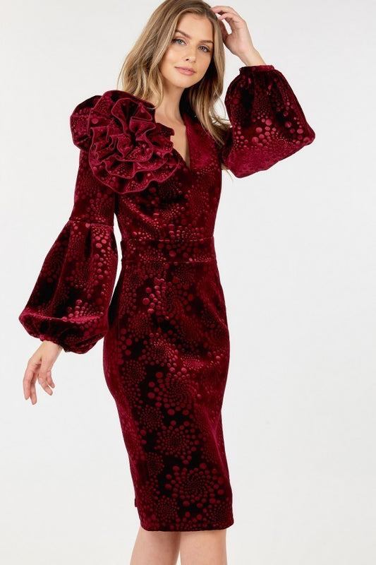 Red Velvet Fitted Midi Dress with Flowers and Puff Sleeves | Tigbuls