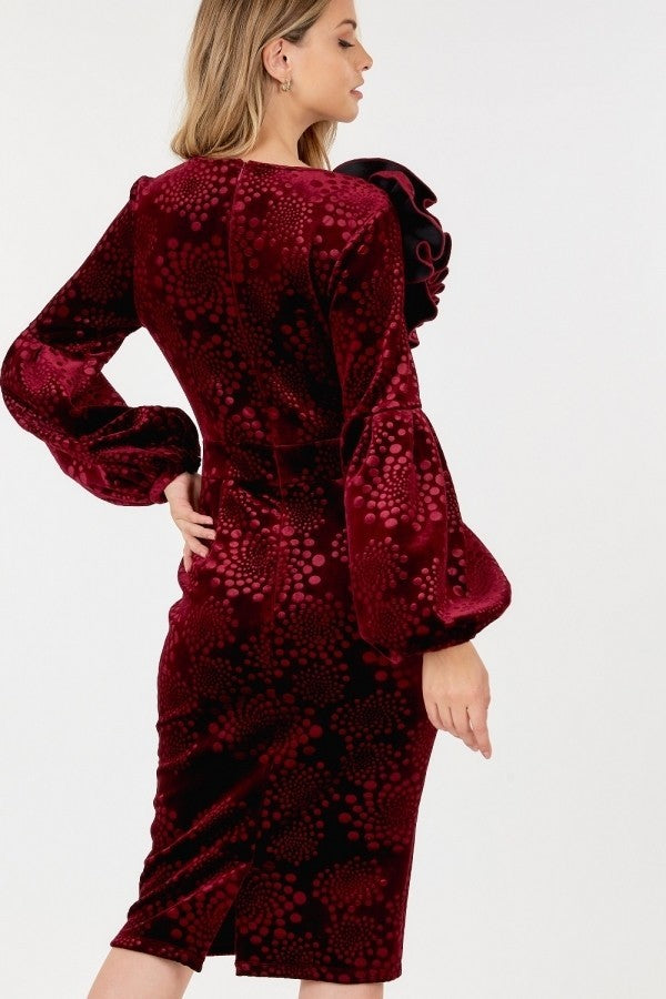 Red Velvet Fitted Midi Dress with Flowers and Puff Sleeves | Tigbuls
