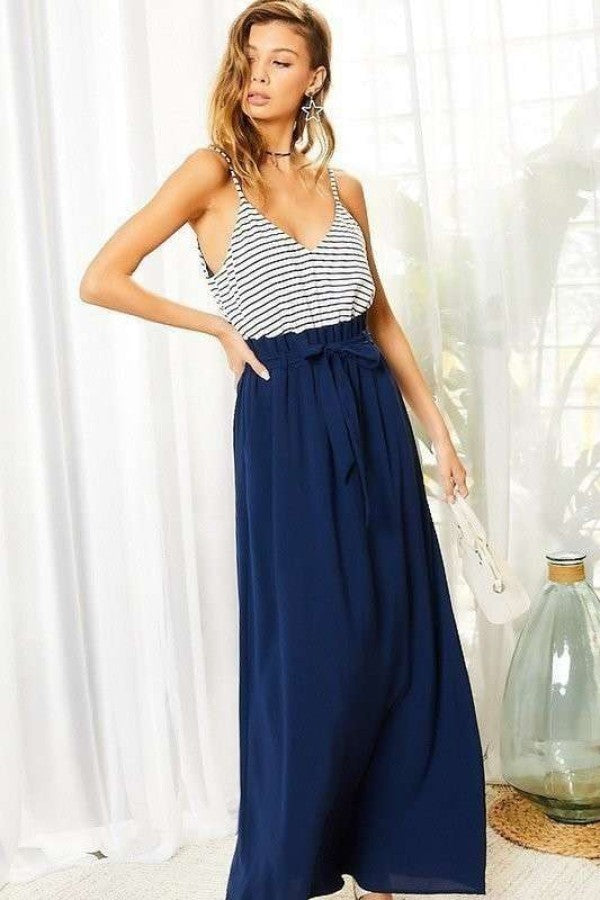 Striped Print Cami Sol Top Hi-waist Skirt Side Pocket Maxi Dress - Tigbul's Fashion