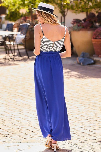 Striped Print Cami Sol Top Hi-waist Skirt Side Pocket Maxi Dress - Tigbul's Fashion