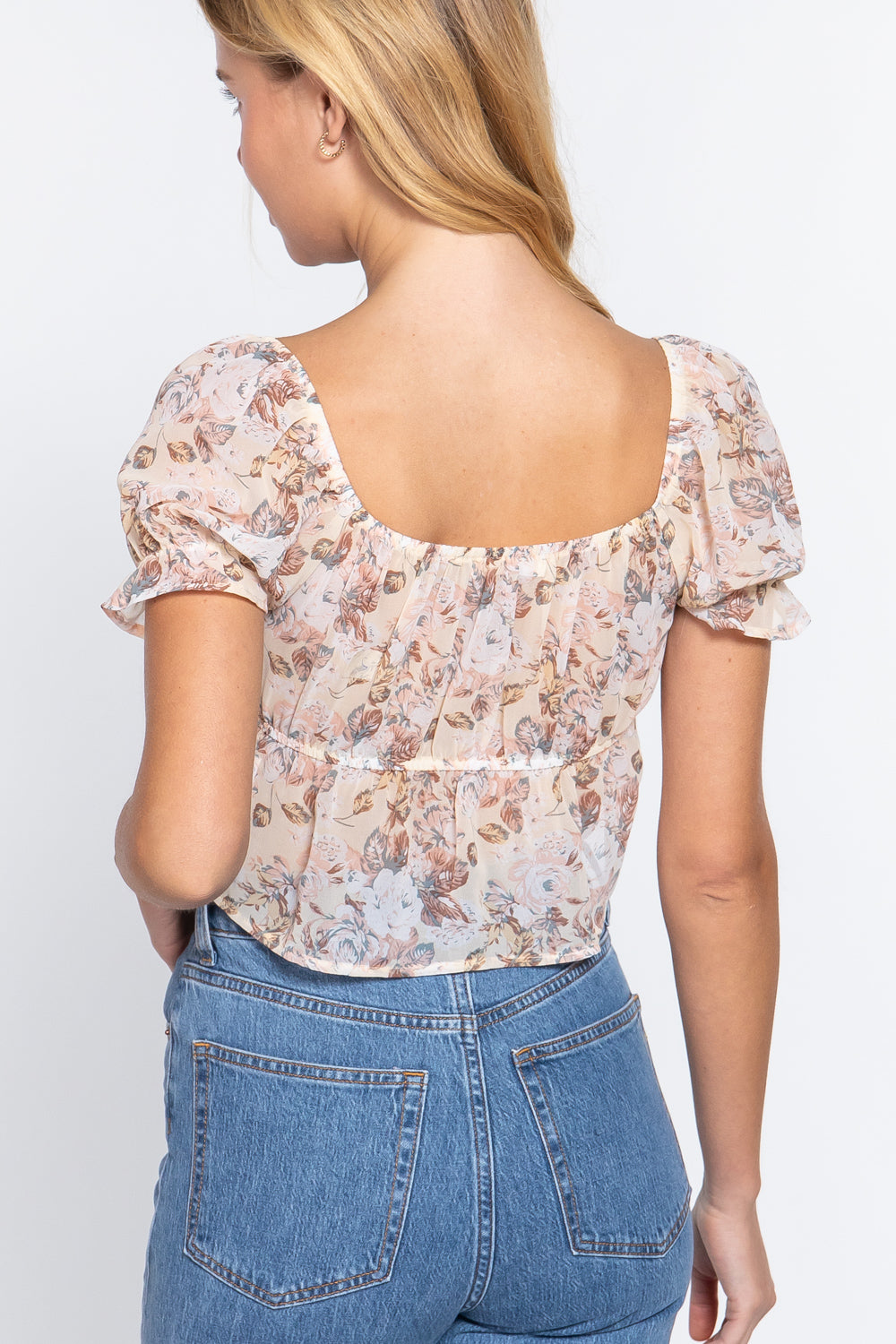 Short Sleeve Front Tie Floral Print Woven Top - Tigbul's Fashion