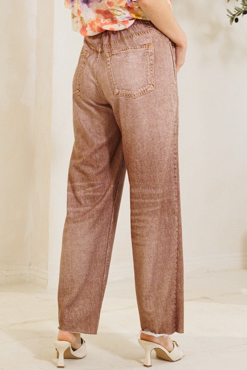 Waist Elastic High-rise, Straight Fake Denim Print Pants - Tigbul's Fashion