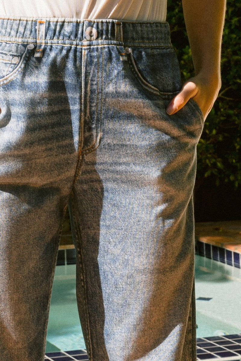 Waist Elastic High-rise, Straight Fake Denim Print Pants - Tigbul's Fashion