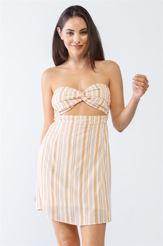 White & Apricot Stripe Print Strapless Twist Cut-out Smocked Back Mini Dress - Tigbul's Fashion