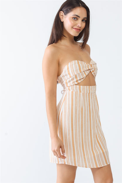 White & Apricot Stripe Print Strapless Twist Cut-out Smocked Back Mini Dress - Tigbul's Fashion