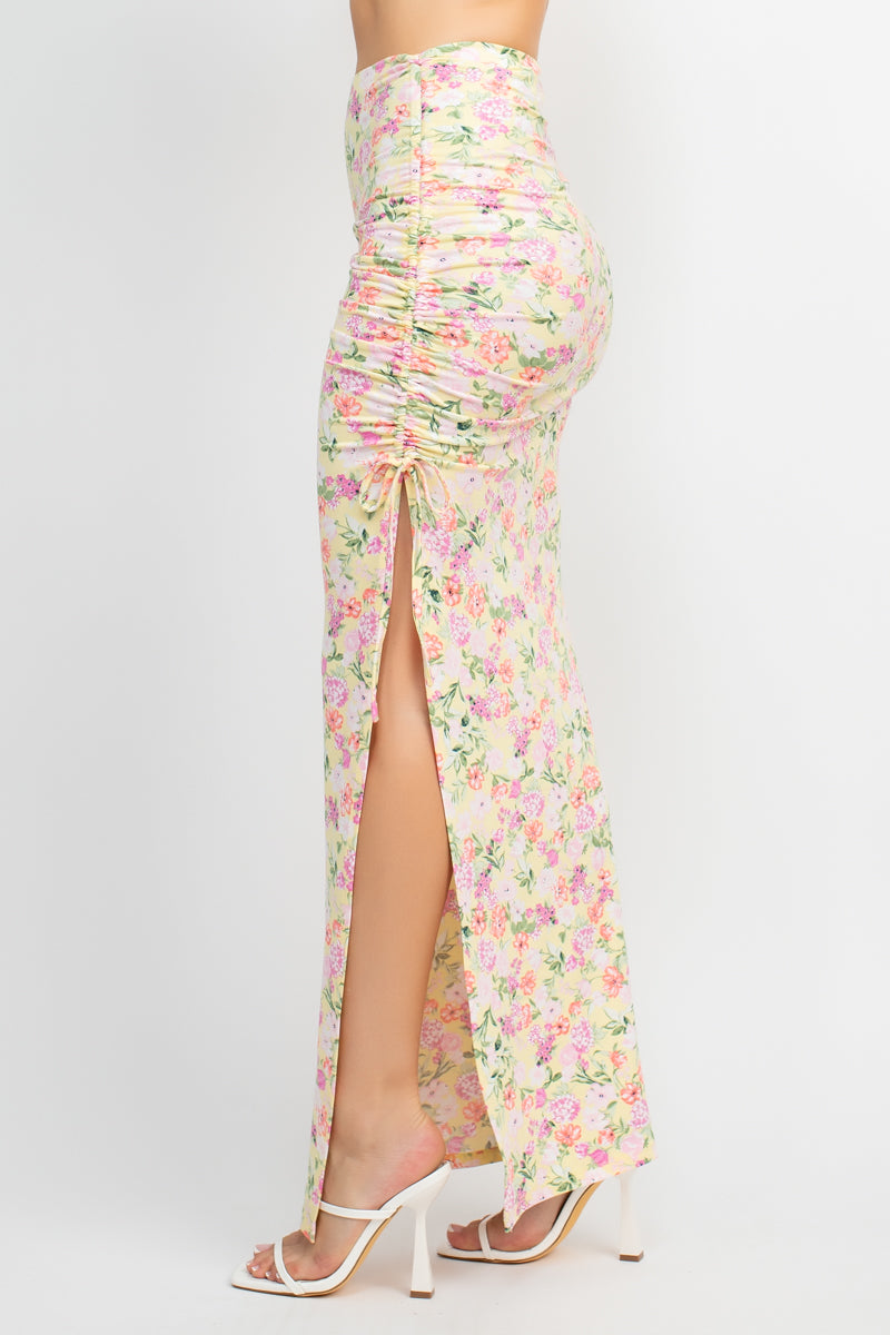 Front Knot Floral Top & Ruched Maxi Skirts Set - Tigbul's Fashion