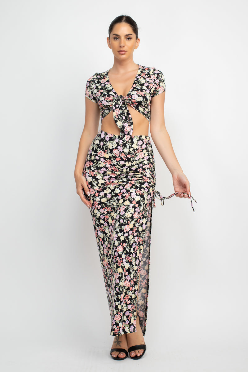 Front Knot Floral Top & Ruched Maxi Skirts Set - Tigbul's Fashion