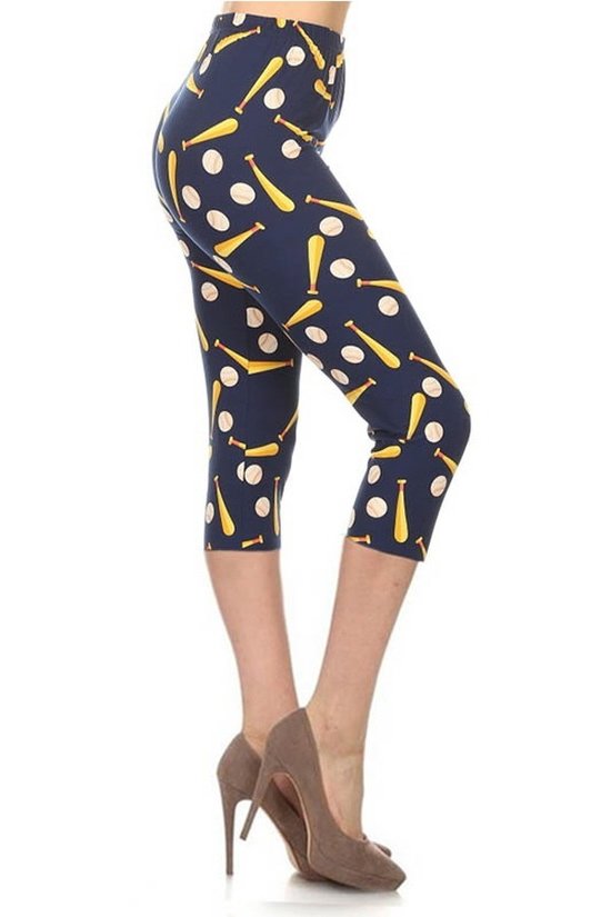 Baseball Printed, High Waisted Capri Leggings In A Fitted Style With An Elastic Waistband - Tigbul's Fashion
