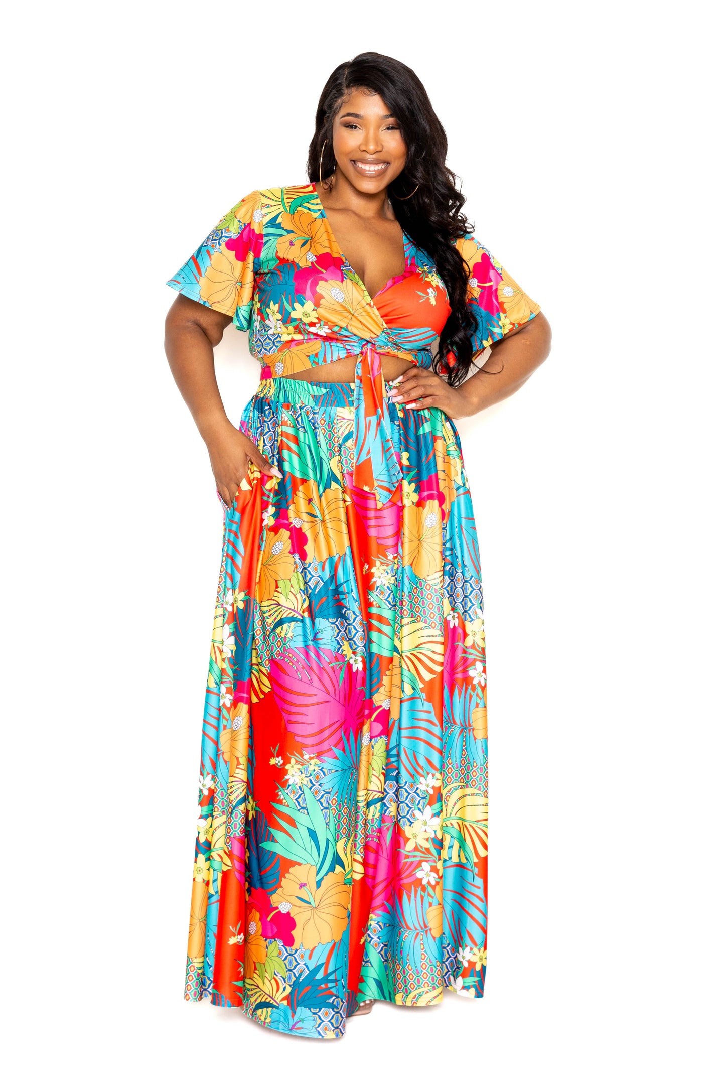 Tropical floral maxi skirt & top set - Tigbul's Fashion