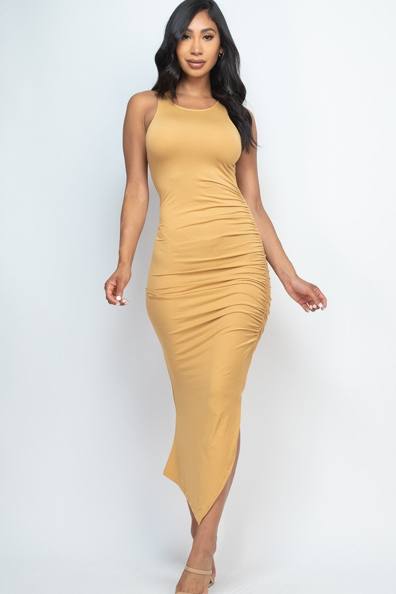 Sleeveless Ruched Side Split Maxi Dress - Tigbul's Fashion