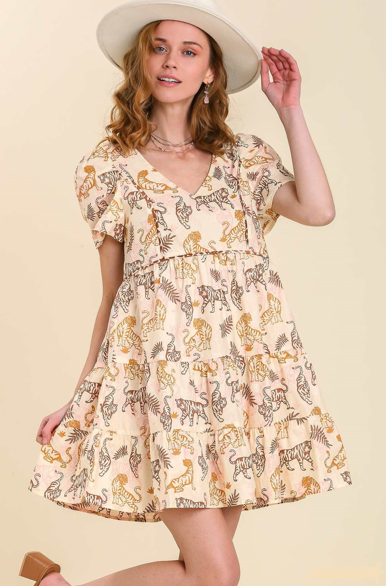 Animal Print V-neck Short Sleeve Dress With Piping Detail - Tigbul's Fashion
