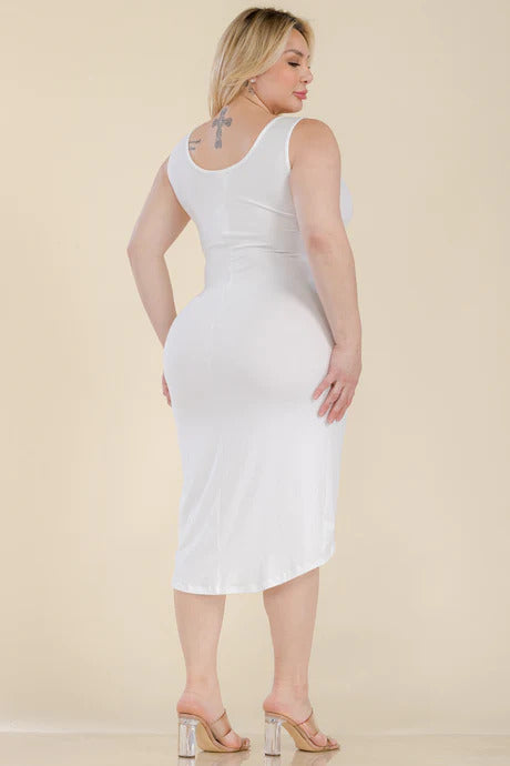 Plus Size Solid Wrap Front Tie Side Midi Dress - Tigbul's Fashion