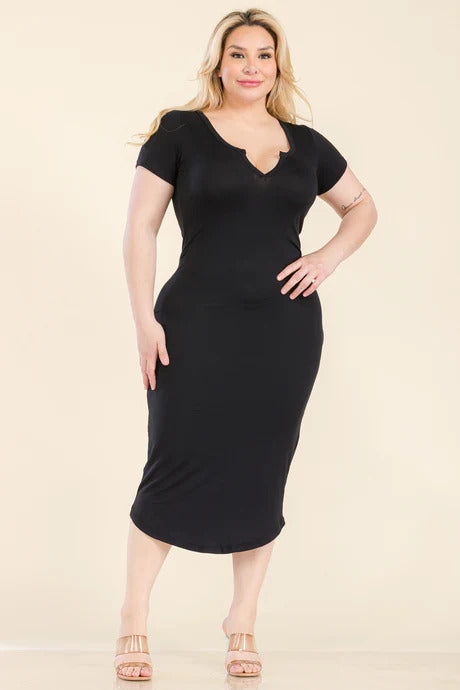 Plus Size Split Neck Bodycon Midi Dress - Tigbul's Fashion