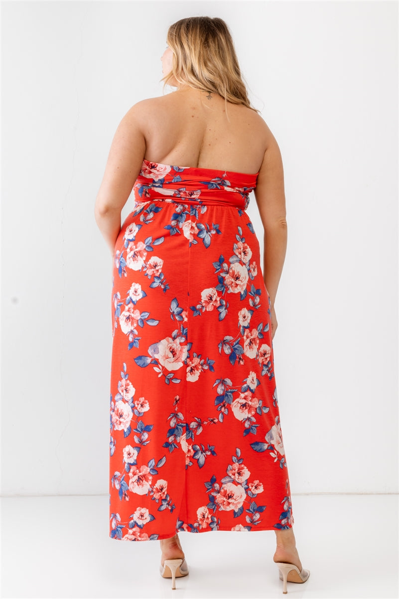 Plus Red Rose Print Ruched Strapless Midi Dress - Tigbul's Fashion