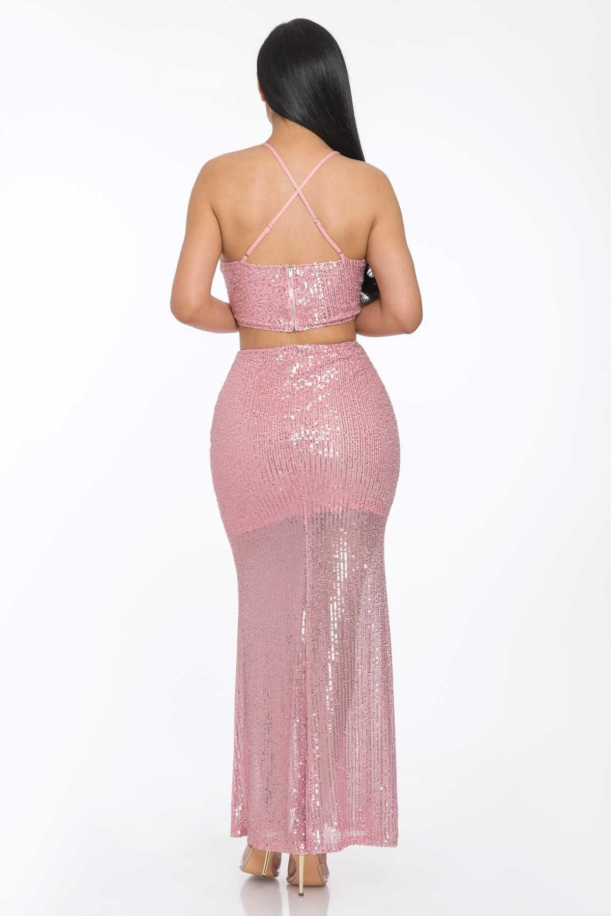 Cross Strap Back Sequin Maxi Skirt Set, Blue, Pink | Tigbuls Variety Fashion