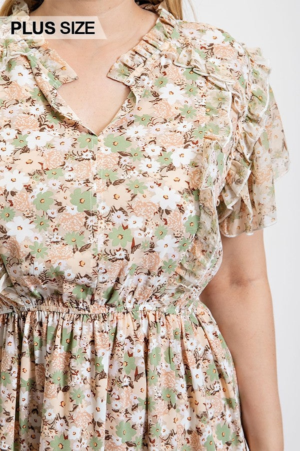Floral Printed Ruffle Detail Dress With Elastic Waist - Tigbul's Fashion