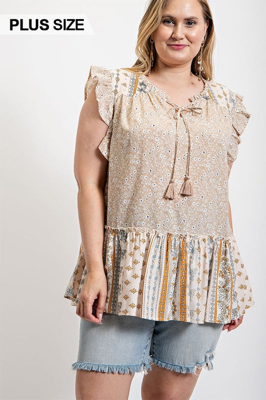 Woven Prints Mixed And Sleeveless Flutter Top With Tassel Tie - Tigbul's Fashion