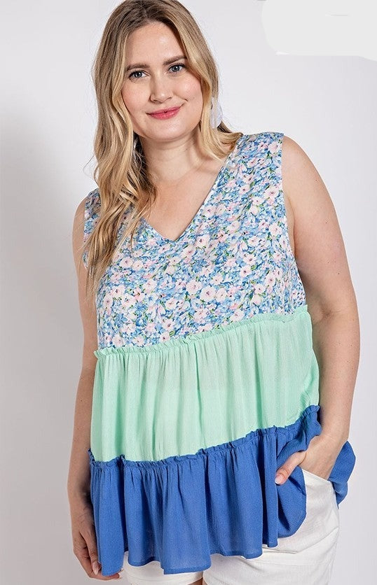 Floral Color Block Ruffle Detail Tiered V-neck Top, Blue Mix - Tigbul's Fashion